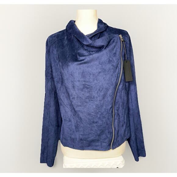 NWT Blank NYC Sz Medium Navy Blue Faux Suede Jacket Zip Front Asymmetrical Drape - Picture 1 of 8